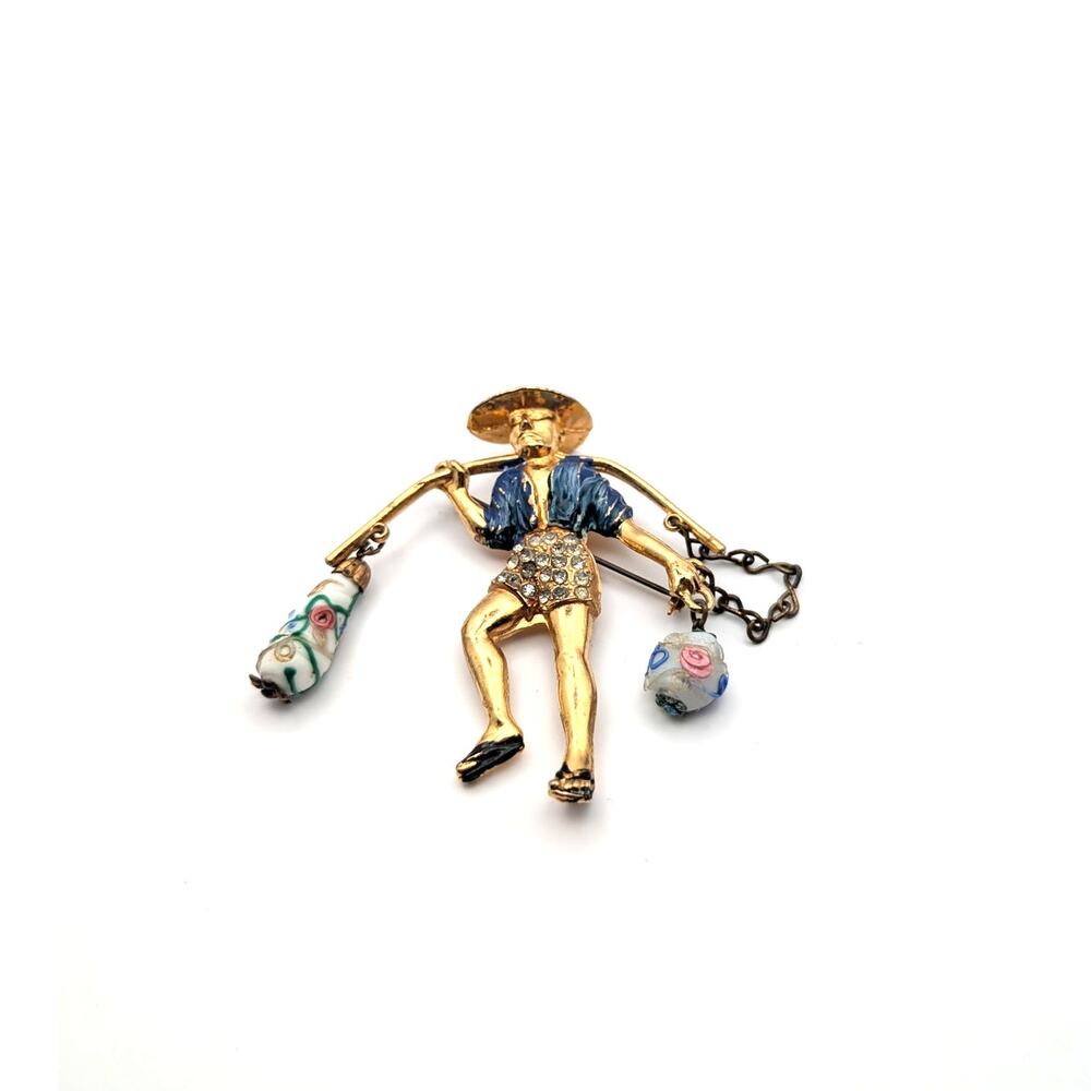 Vintage Louis C Rice Weiner Chinese Water Carrier Brooch Pin Cloisonne